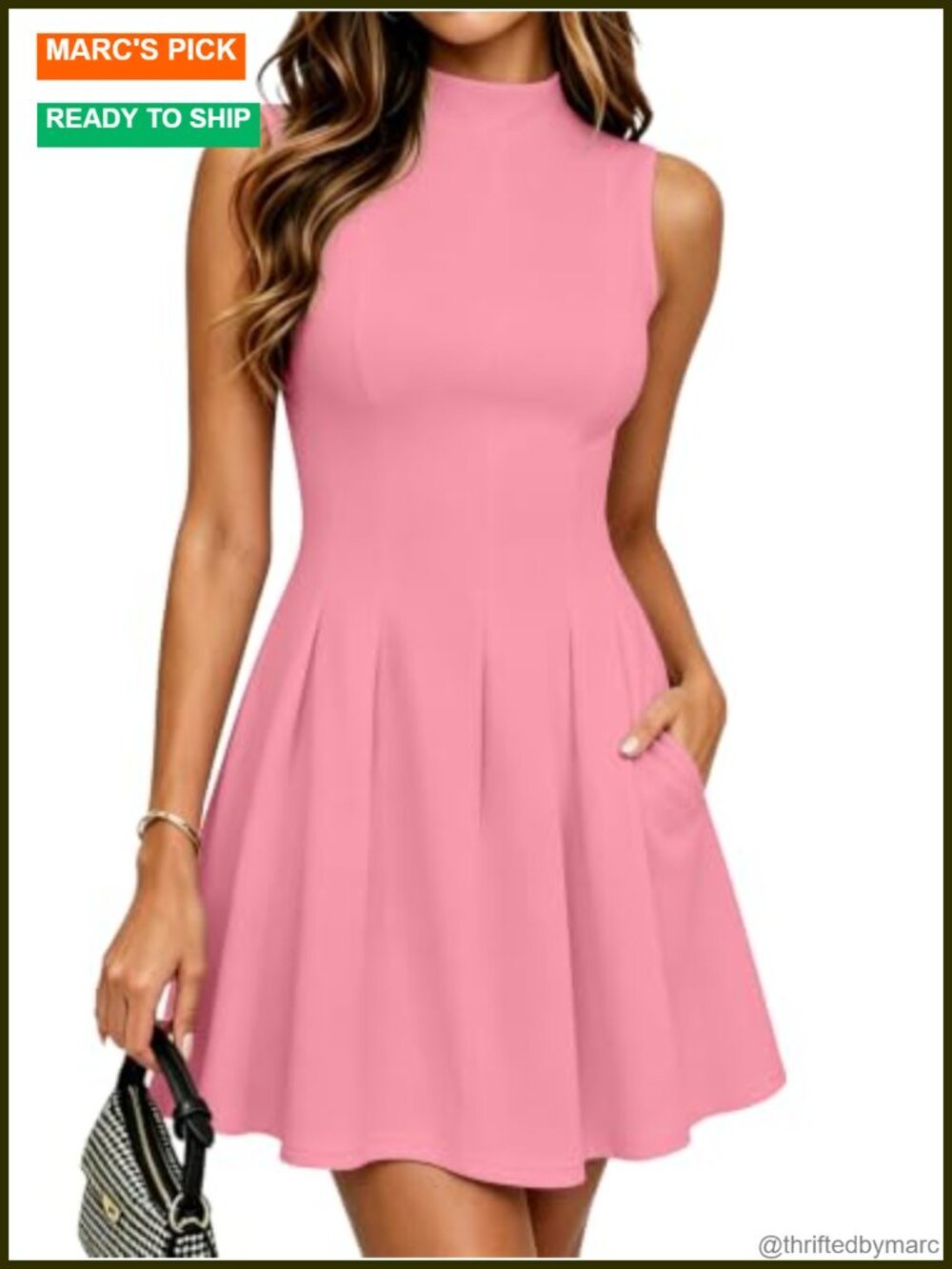 A-Line Sleeveless Mini Dress with Pockets Mock Neck Cocktail Graduation
